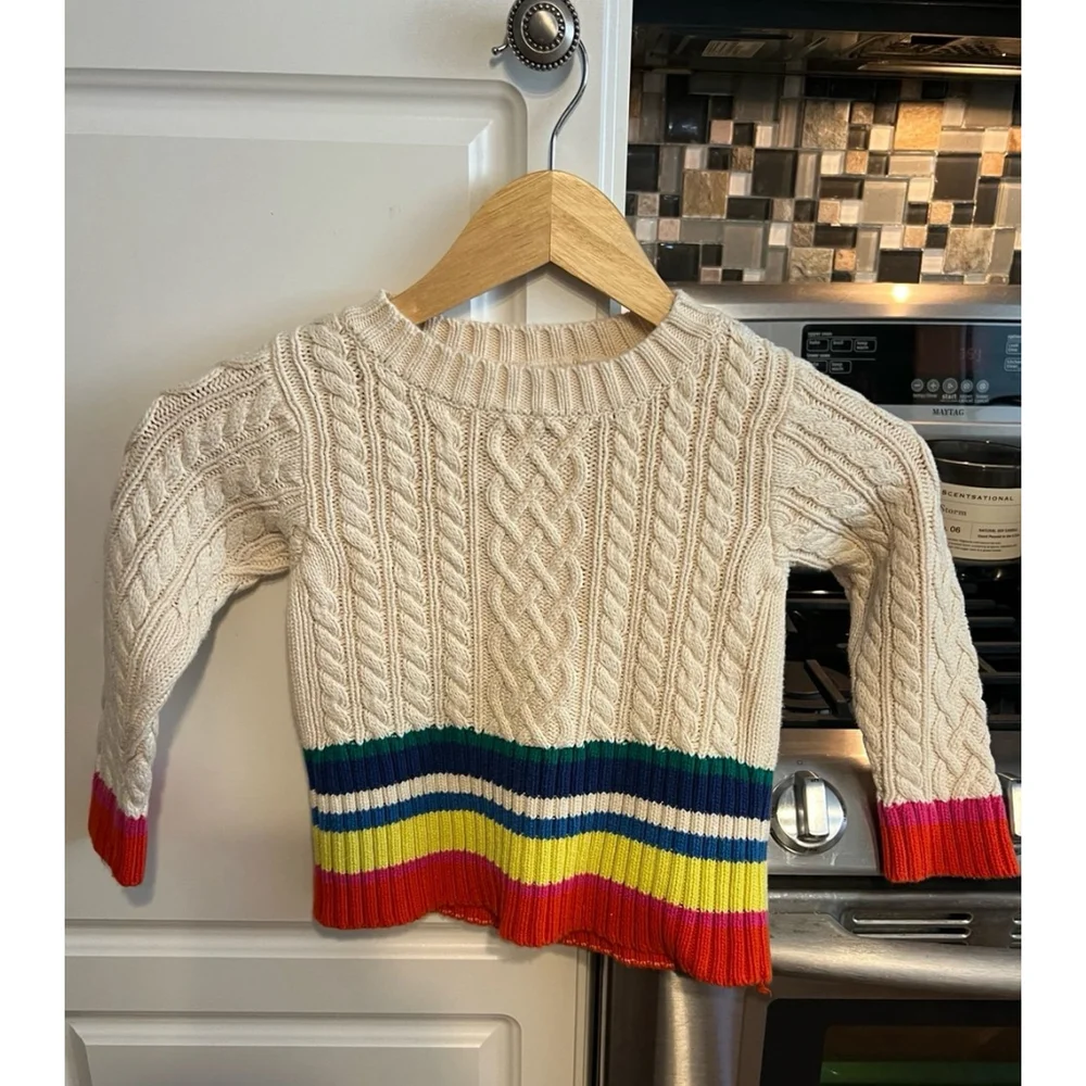 Peek Girls 100% Cotton Cable Knit Crew Sweater Rainbow Stripe Fisherman